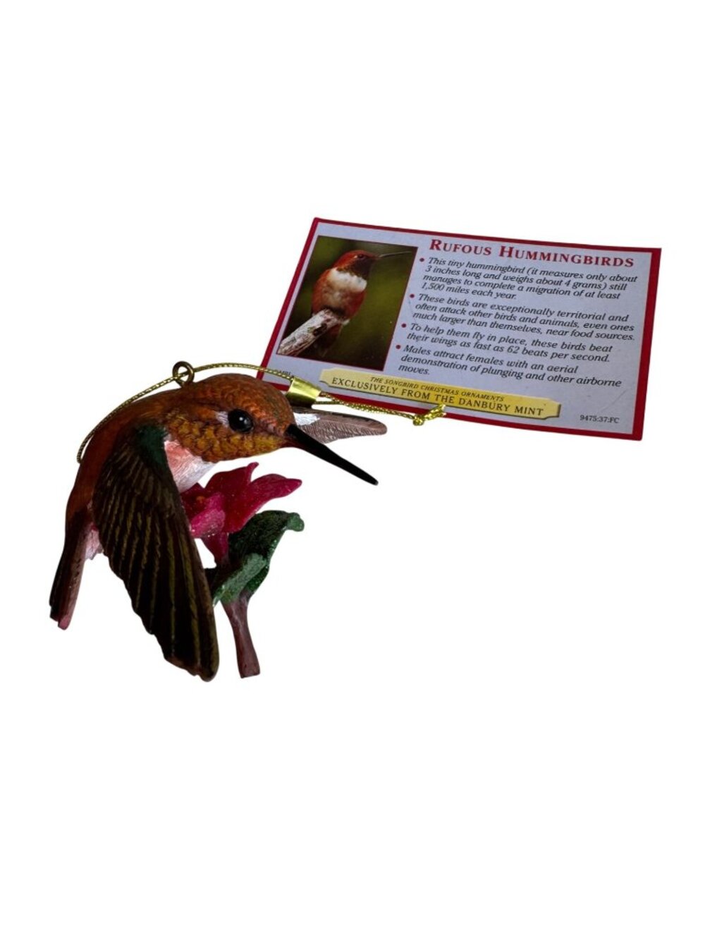 Danbury Mint Ornament Rufous Hummingbird Brown Pink Resin Hanging - Picture 3 of 7